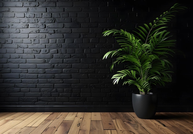 Mur en brique noire et plancher en bois avec plante Rendering 3D