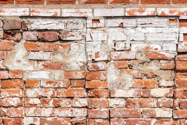 Mur de brique rouge patiné rouillé avec du béton et des pièces cassées. Ancienne construction ou bâtiment patiné. Style loft ou urbain de l'intérieur, arrière-plan avec espace de copie pour le texte. Texture ou effet