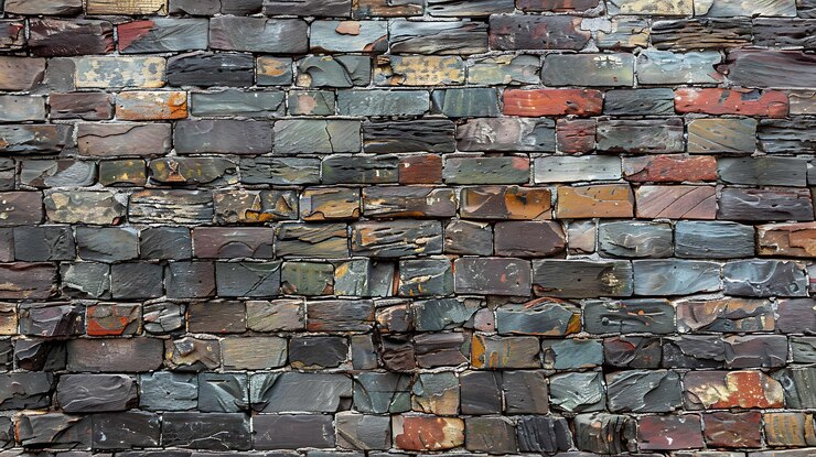 Mur de briques altérées avec une variété de couleurs