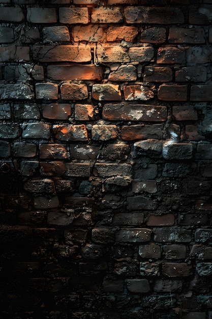 Mur de briques brunes éclairé par la lumière créant des teintes et des nuances dans l'obscurité