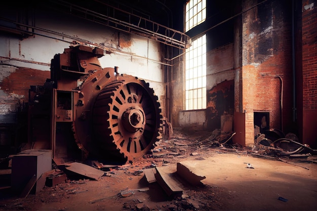 Un mur de briques dans une ancienne usine avec des machines rouillées et des débris éparpillés à proximité