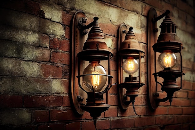 Un mur de briques industriel vintage avec de vieux luminaires et câblage encore intact