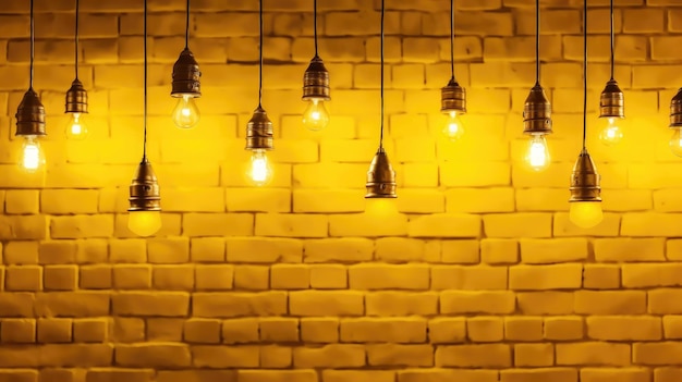 Un mur de briques jaunes avec plusieurs ampoules qui y sont suspendues.