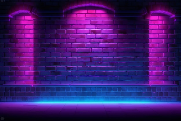 Un mur de briques avec une lumière violette et bleue qui dit 'le mot' dessus '
