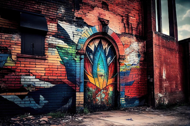 Un mur de briques patiné avec une peinture murale d'art graffiti ajoutant de la couleur et du caractère à un paysage industriel autrement terne