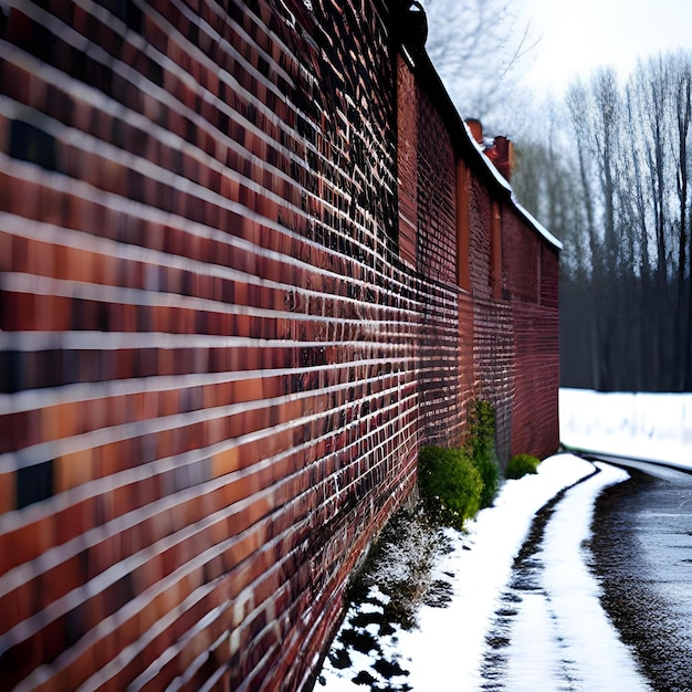 Un mur de briques rouges avec de la neige dessus et une clôture en arrière-plan.