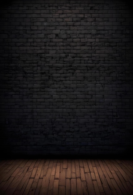 Un mur de briques sombre avec un sol en bois au premier plan