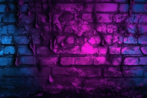 Un mur de briques sombres avec des lumières violettes et bleues.