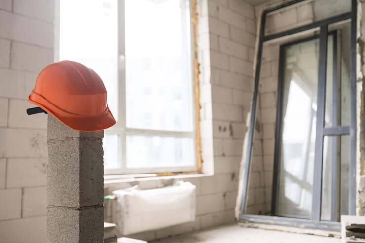 Mur brisé dans la salle des débris de l'appartement prêt à être rénové avec démolition de mur brisé détruit