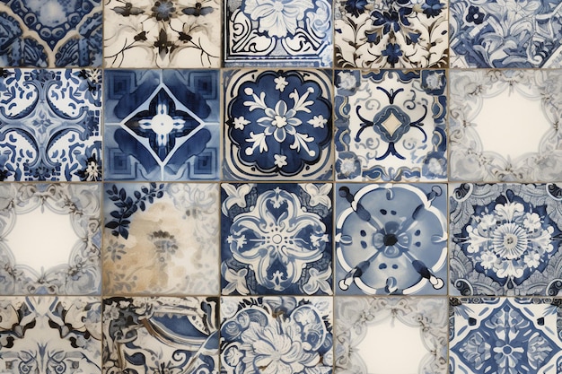 Un mur de carreaux bleus et blancs avec un motif floral.