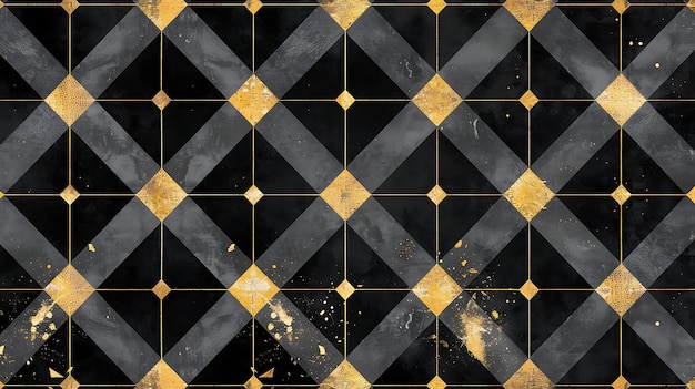 un mur en carreaux noirs et dorés avec un diamant doré dessus