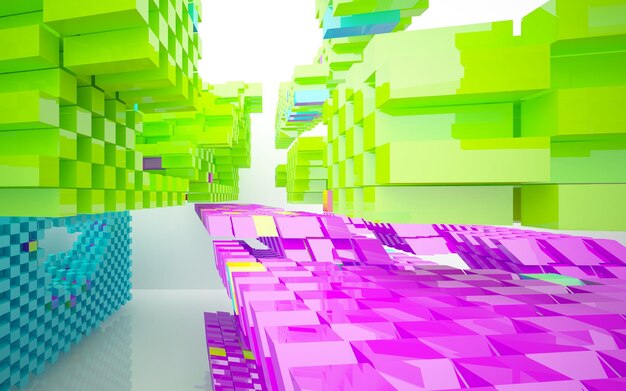 Un mur coloré avec des cubes et un fond vert et violet.