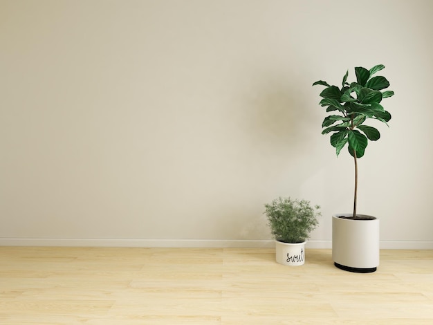 Mur de couleur crème salle vide avec des plantes sur un plancher en bois rendu 3D