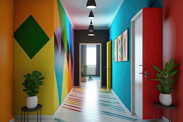 Un mur de couleurs vives dans un couloir d'appartement