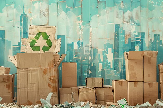 Un mur couvert de boîtes de carton avec un panneau de recyclage vert sur le dessus