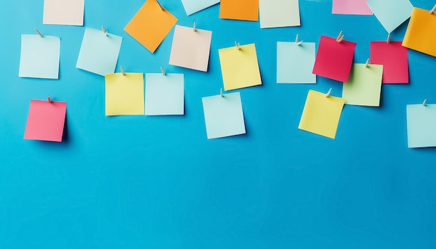 Un mur couvert de notes collantes colorées avec un fond bleu