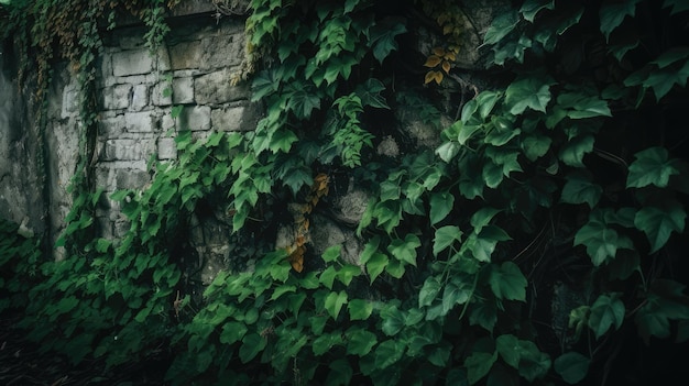 Un mur couvert de vignes et de feuilles vertes générative ai