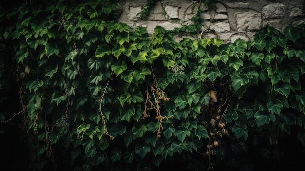 Un mur couvert de vignes et de feuilles vertes générative ai