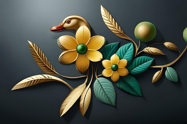 Un mur de décor de canard d'illustration 3D Extrude avec des feuilles vertes et des fleurs