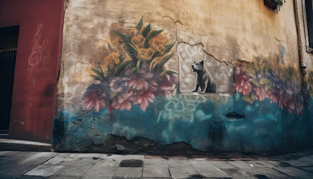 le mur a un dessin de fleur et un chien assis dedans