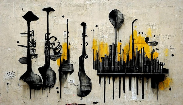 Un mur avec divers instruments de musique peints dessus
