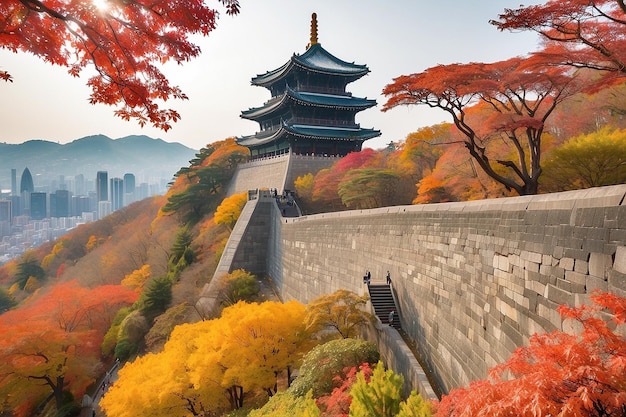 Le mur du château de la tour Namsan de Séoul pendant les feuilles d'automne pris à Séoul, en Corée du Sud