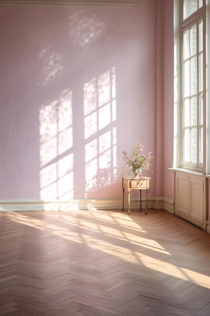 Le mur est de couleur violette claire et le parquet est en bois. Les rayons du soleil et les ombres de la fenêtre sont 23 v 52 ID d'emploi d769f45b9ddc4ceb9e1a343374505504