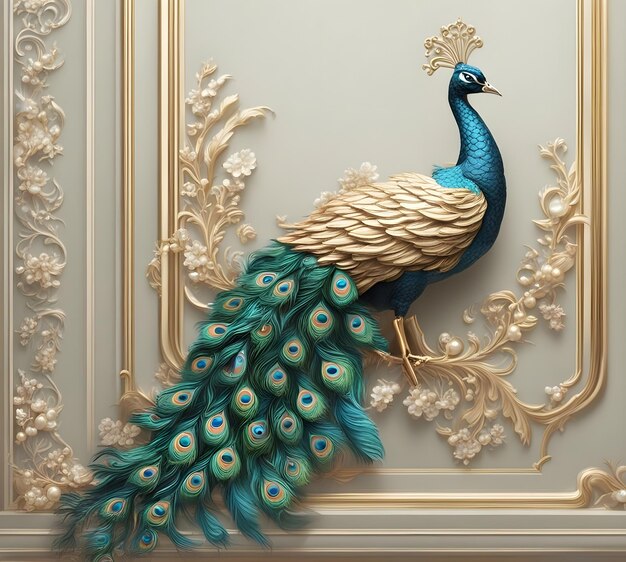 Le mur est un design d'intérieur classique à plumes de paon colorées.