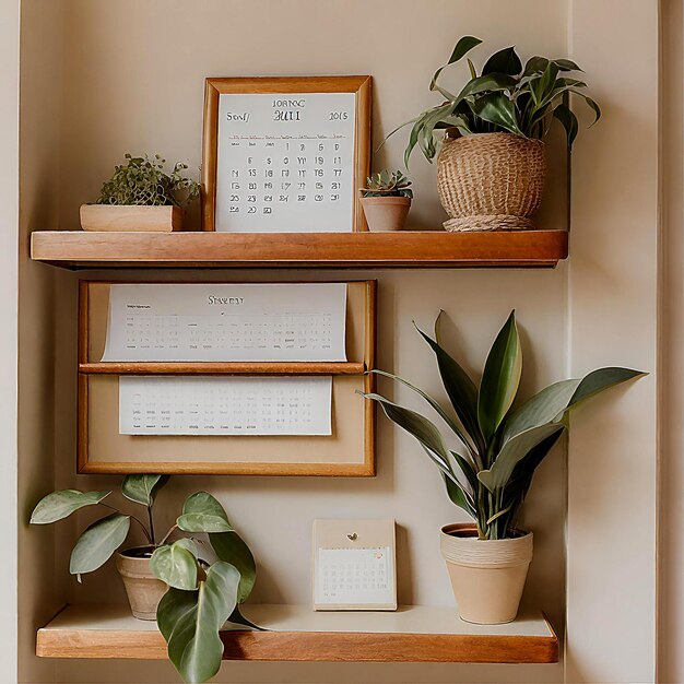 mur avec étagères en bois ou étagères Potes à fleurs reposant sur des étagères