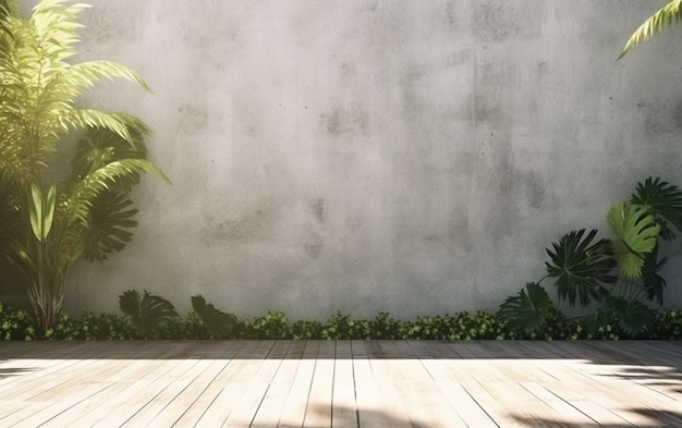 Mur extérieur vide en béton avec rendu 3d de jardin de style tropical décoré avec un arbre de style tropical