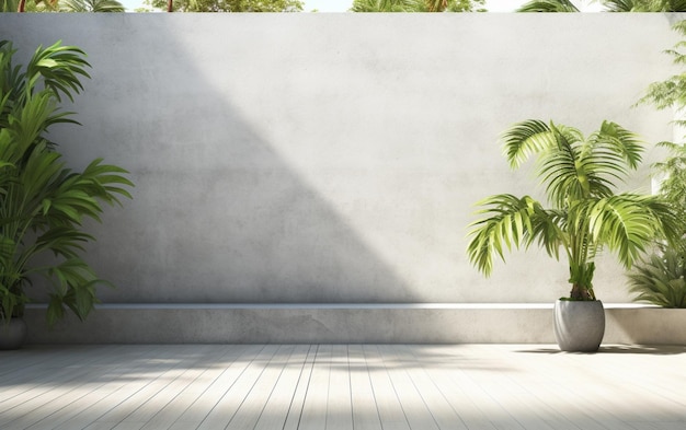Mur extérieur vide en béton avec rendu 3d de jardin de style tropical décoré avec un arbre de style tropical