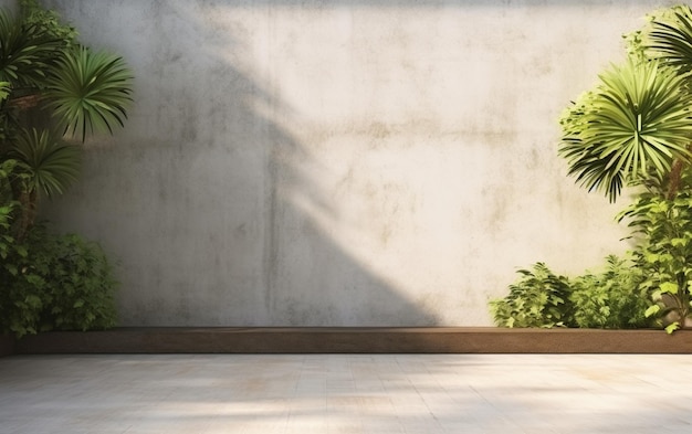 Mur extérieur vide en béton avec rendu 3d de jardin de style tropical décoré avec un arbre de style tropical