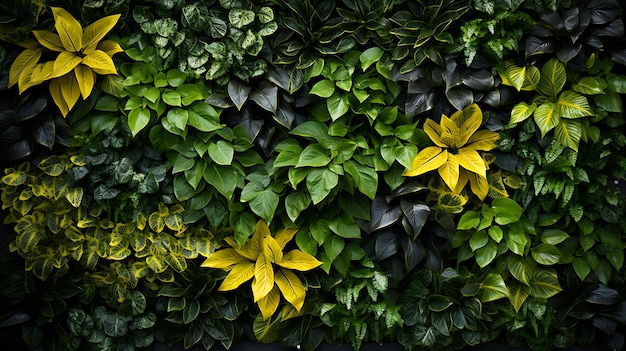 Un mur de feuilles vertes avec des feuilles jaunes