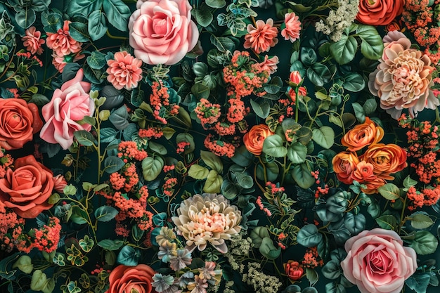 Mur de fleurs artificielles pour arrière-plan dans une illustration de style vintage