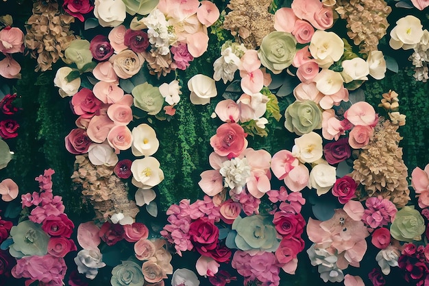 Mur de fleurs artificielles pour le fond dans le style vintage Ai générative