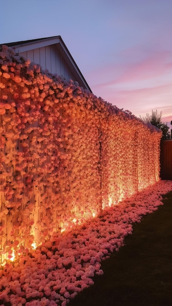 Un mur de fleurs avec un ciel violet derrière