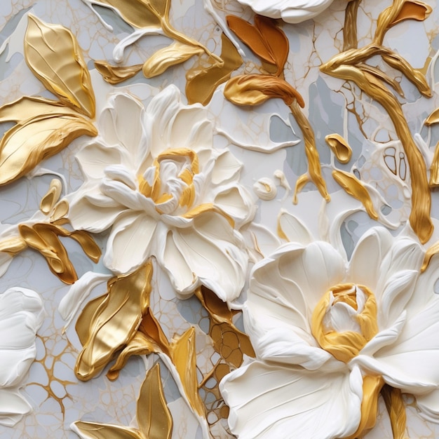 Un mur avec des fleurs dorées et blanches dessus
