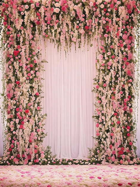 Un mur de fleurs avec un fond d'écran de fond de mariage de fleurs roses