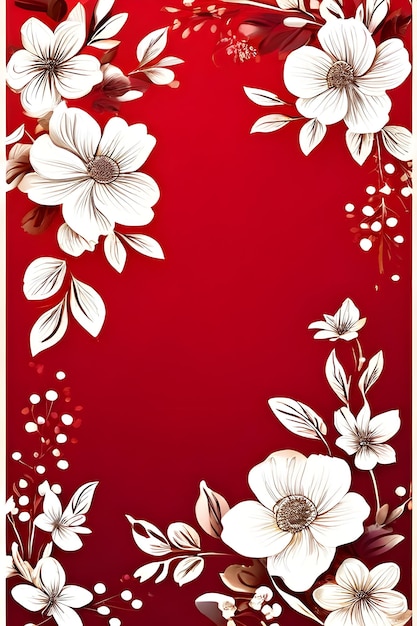 un mur à fleurs rouges avec des fleurs et des feuilles blanches