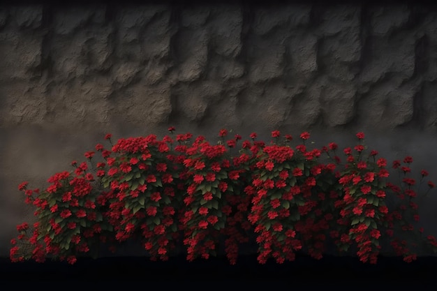 Un mur avec des fleurs rouges et un mur en pierre.