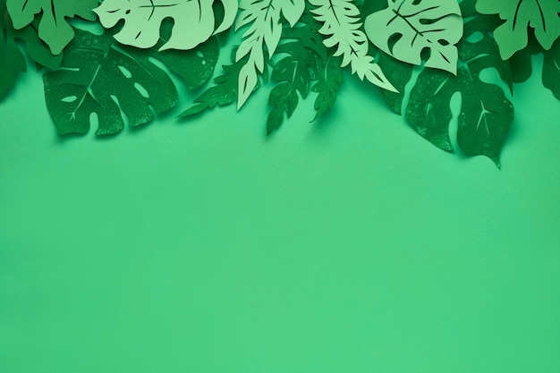 Mur floral en papier vert avec des feuilles tropicales et copie-espace