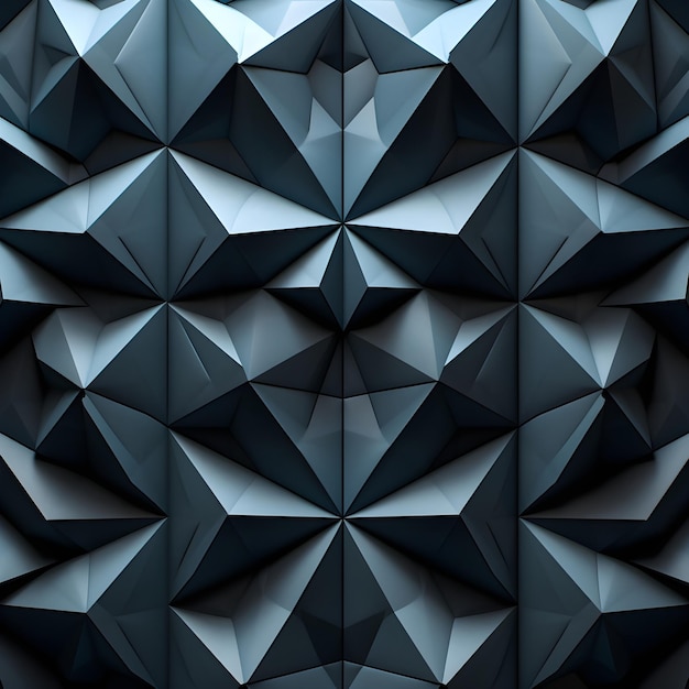 Un mur avec un fond bleu qui a un motif de triangle argenté.