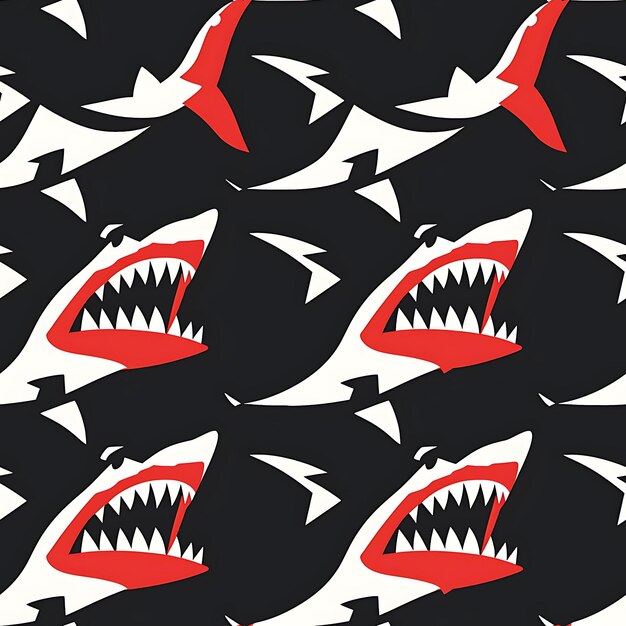 un mur avec un fond rouge et noir avec un requin avec des dents tranchantes