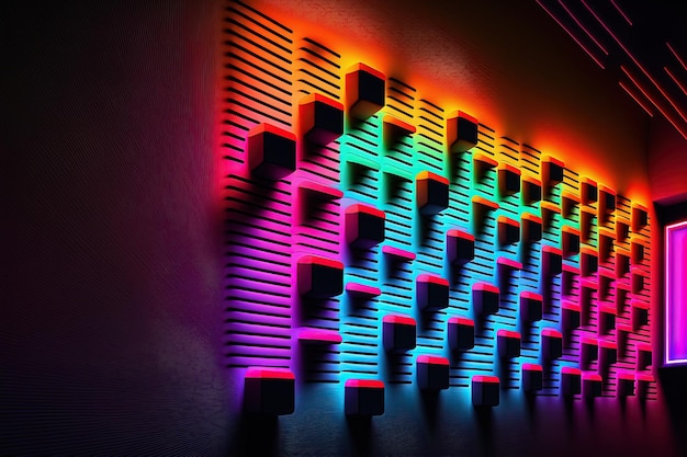 Mur avec des formes de lumière led néon Résumé fond sombre lueur AI