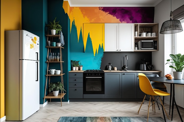 Un mur fraîchement repeint avec une touche de couleur dans la cuisine d'un appartement