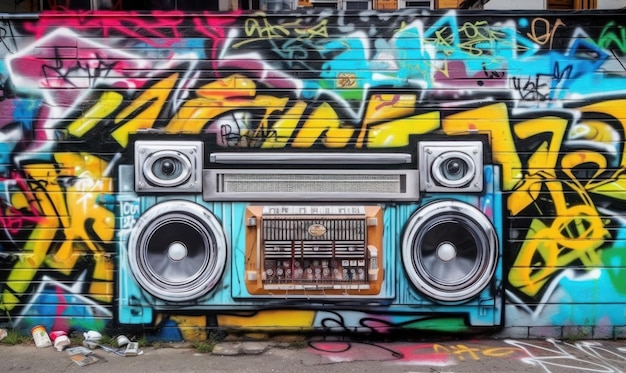 Un mur de graffitis avec une radio au milieu qui dit "fabrik"