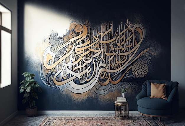 Un mur avec une grande calligraphie arabe avec la lumière du soleil provenant de la fenêtre