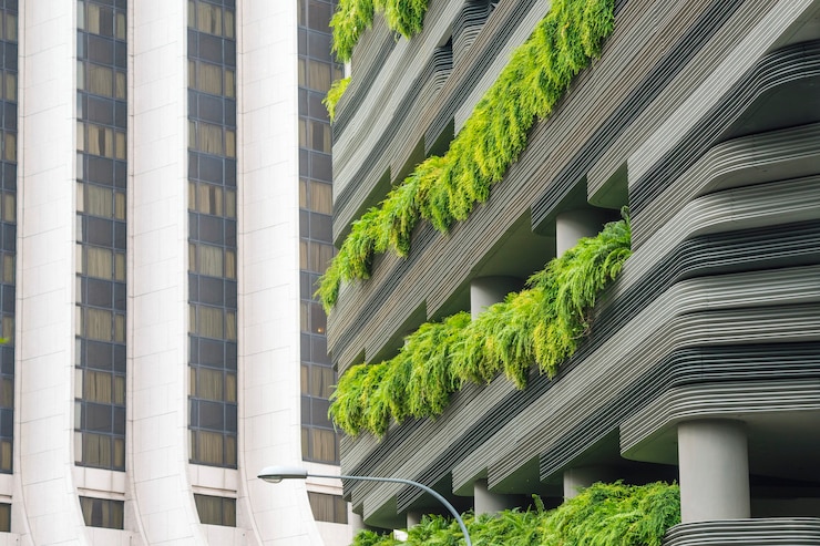 Mur de gratte-ciel moderne avec terrasses de plantes vertes dans la ville de Singapour