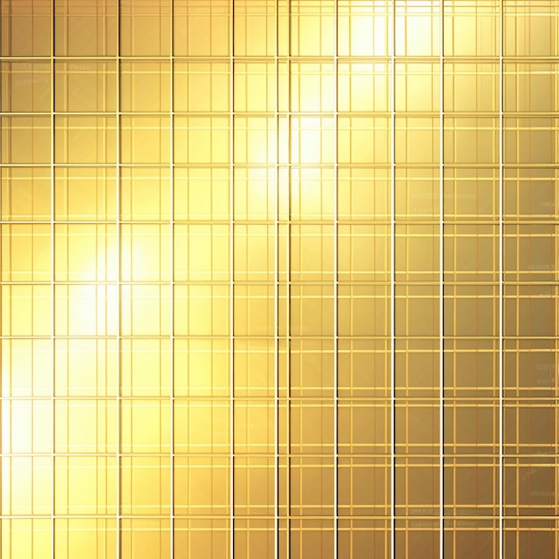 Un mur avec une grille de carrés d'or et une lumière dessus.