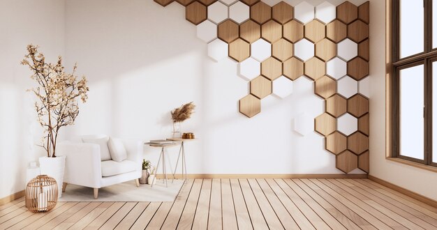 Mur hexagonal sur salle blanche avec fauteuil et plantes de décoration. rendu 3D